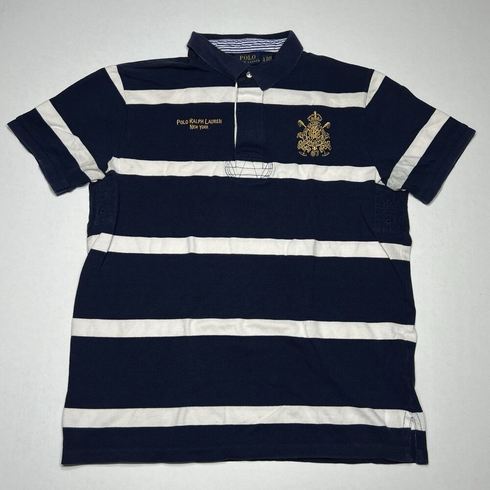 POLO RL Saddle Makers Large Blue White Stripe Mens New York Polo Shirt Vintage